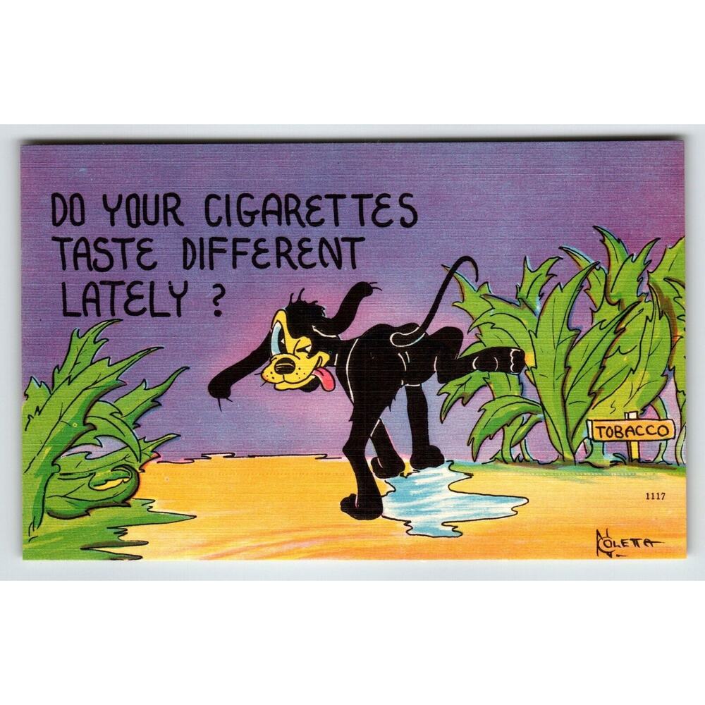Dog Cigarette Tobacco Leaves Funny Linen Postcard Comical Humor Unposted Vintage